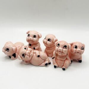 6 2” Piglet Vintage Figurines Pink Genuine Bone China Handcrafted Made in Taiwan